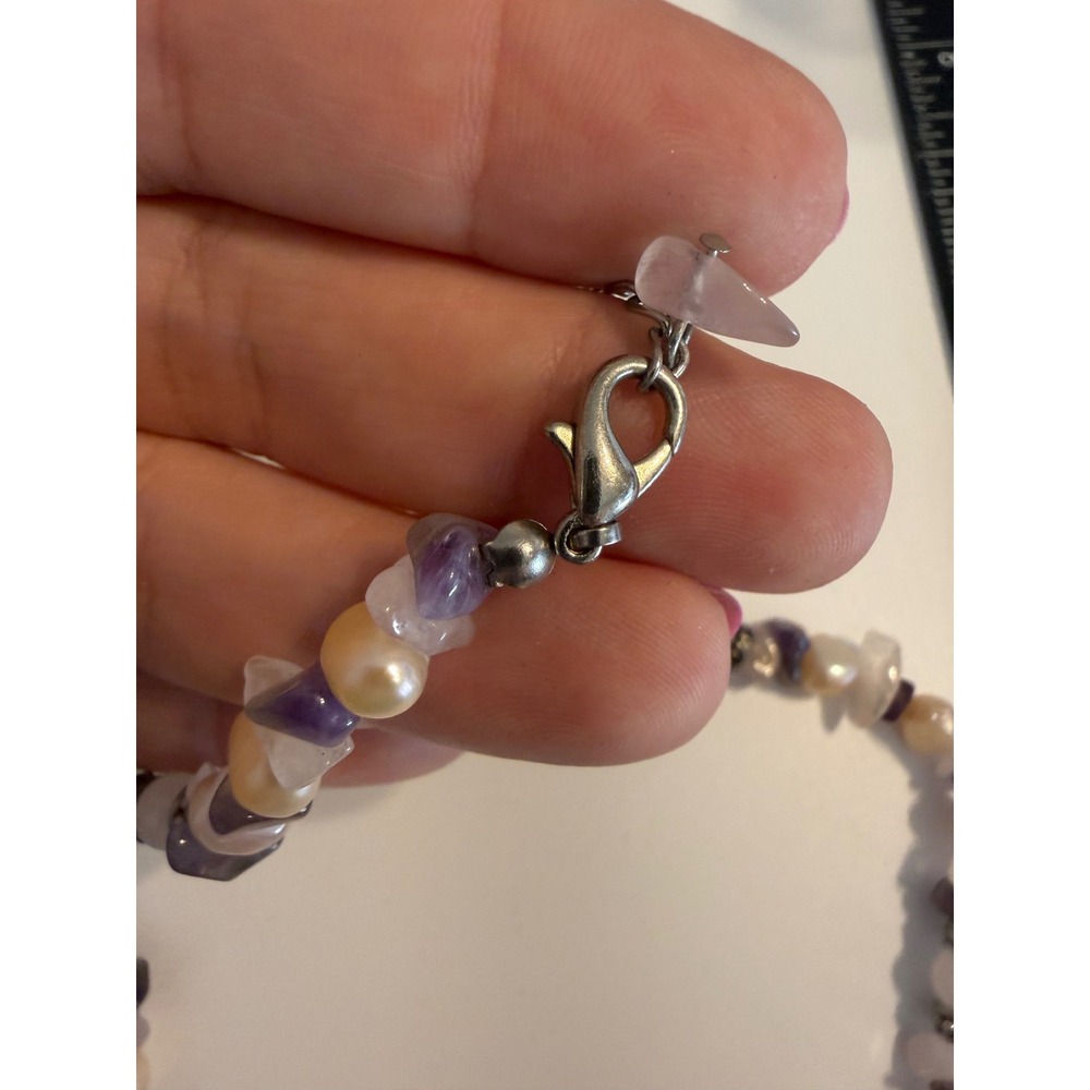Pearl Amethyst Rose Quartz Chip Beaded Necklace Silver Tone Boho 18 Inch - Picture 2 of 3